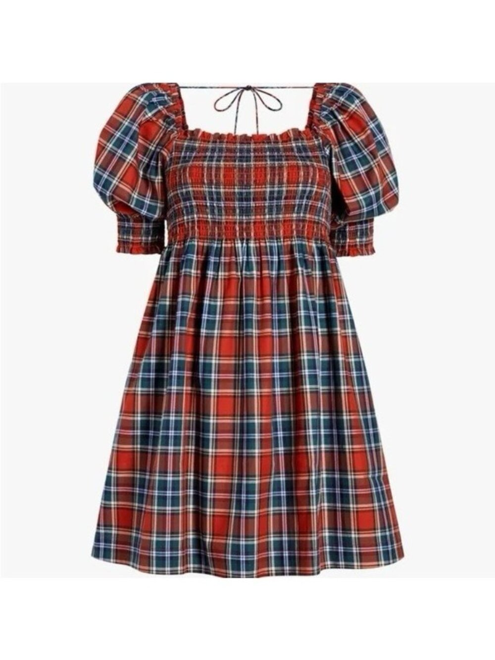 Hill House Athena Nap Smocked Puff Sleeve Mini Dress Red Tartan Plaid Small